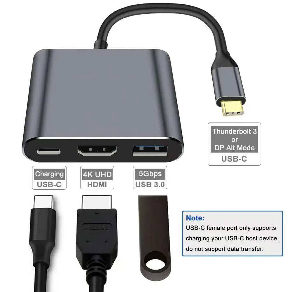 Hub USB-C 3 en 1: HDMI 4K + USB 3.0 + carga 100W