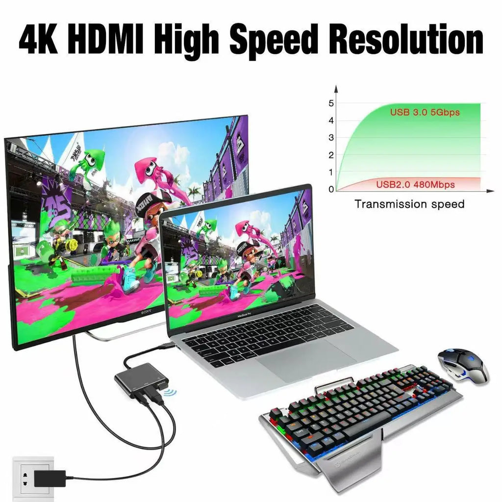 Hub USB-C 3 en 1: HDMI 4K + USB 3.0 + carga 100W