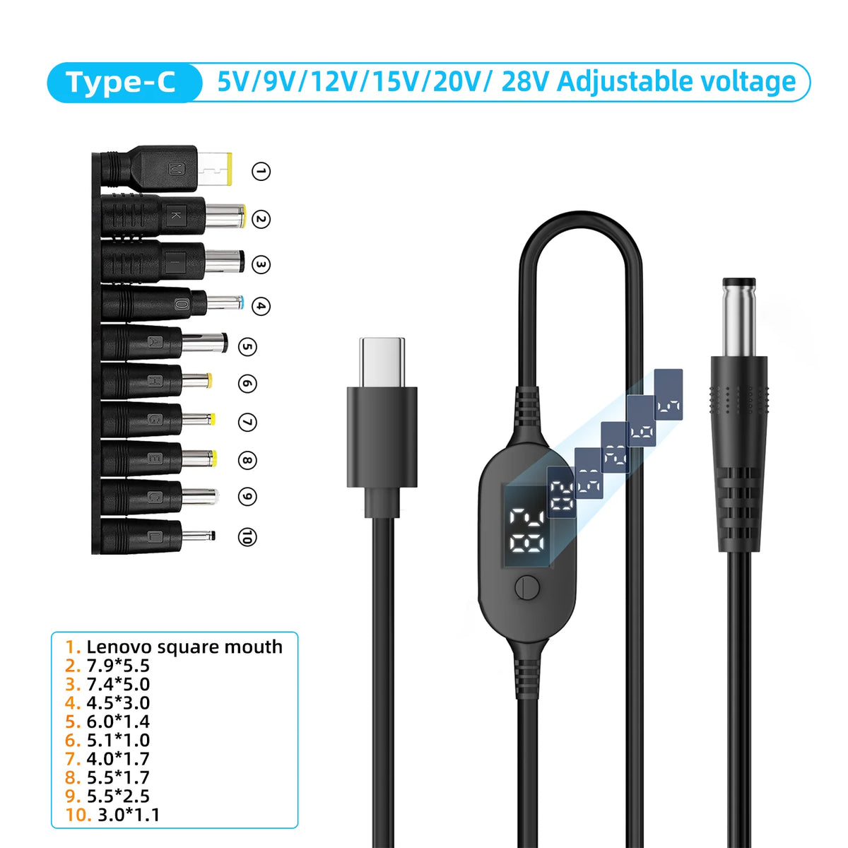 Cable USB-C a DC con voltaje ajustable (para routers y laptops)