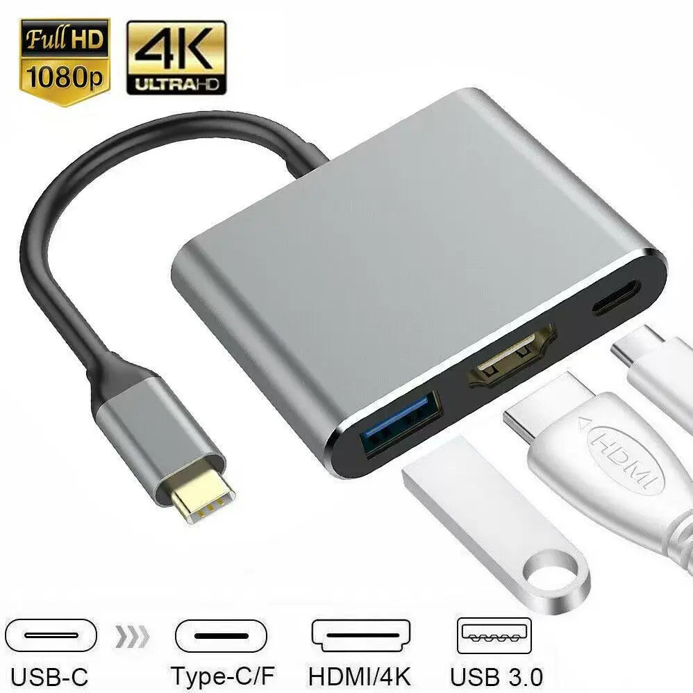 Hub USB-C 3 en 1: HDMI 4K + USB 3.0 + carga 100W
