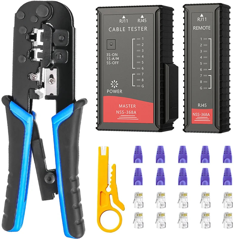 Kit crimpadora RJ45 Cat6 con conectores y tester