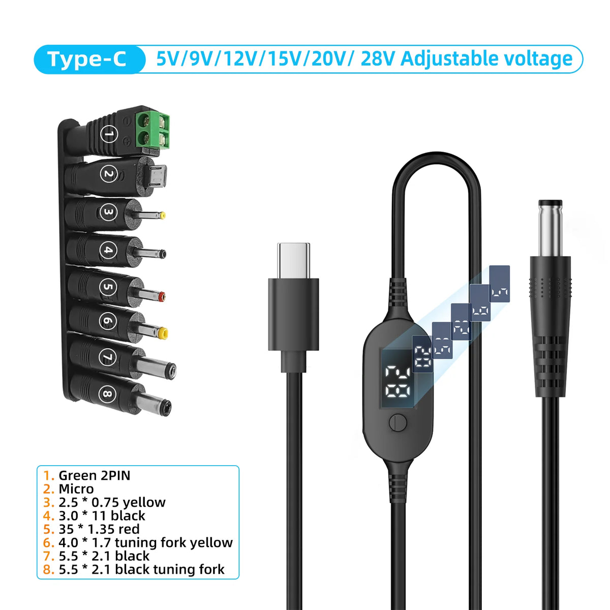 Cable USB-C a DC con voltaje ajustable (para routers y laptops)