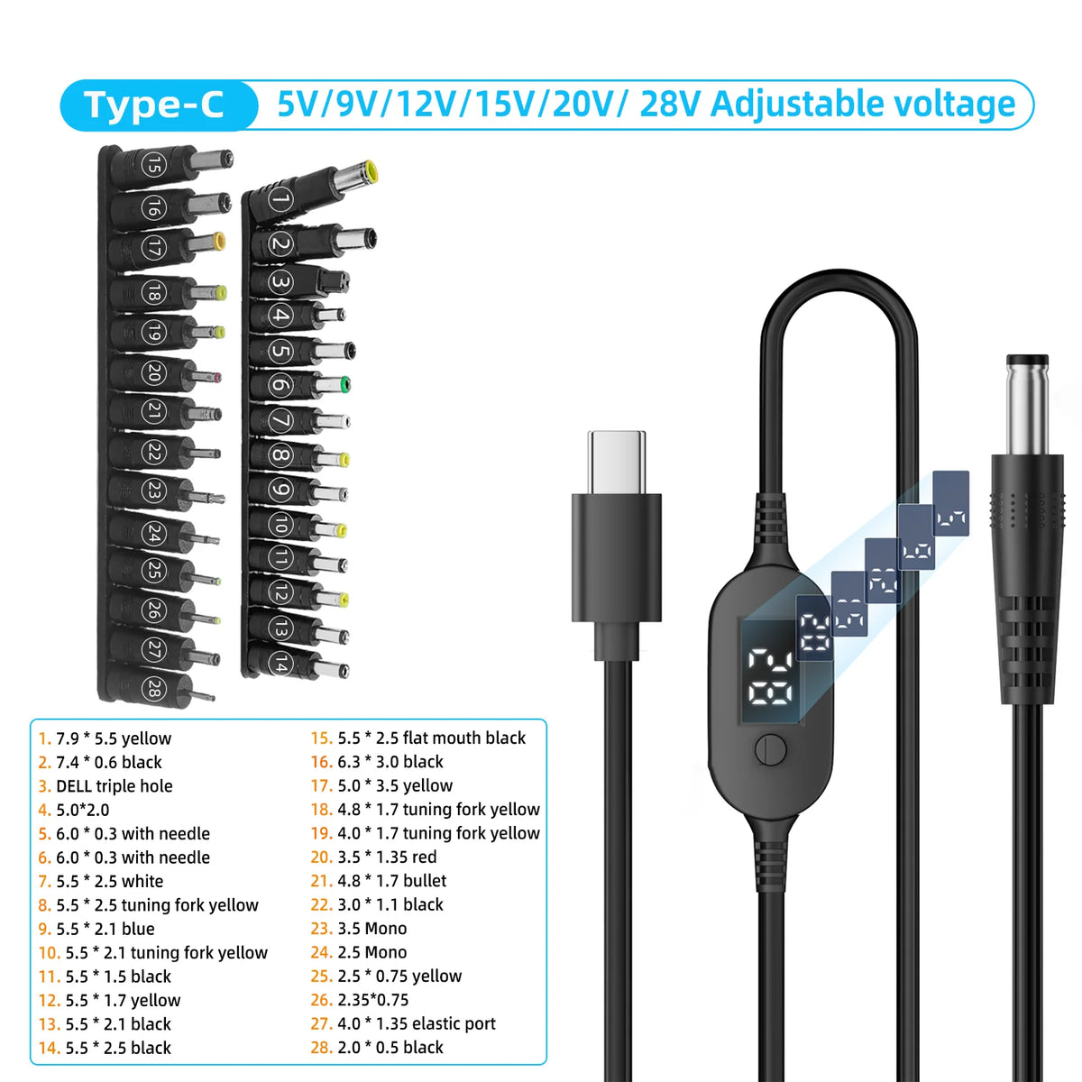 Cable USB-C a DC con voltaje ajustable (para routers y laptops)